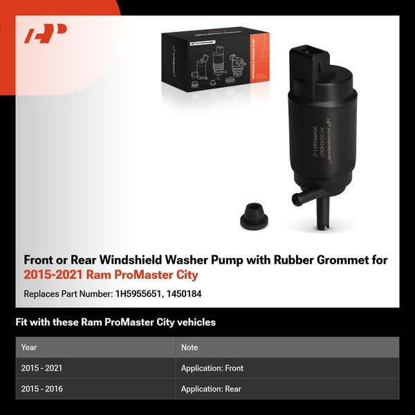 Front or Rear Windshield Washer Pump with Rubber Grommet for 2015-2021 Ram ProMaster City