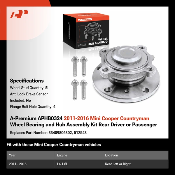 A-Premium APHB0324 2011-2016 Mini Cooper Countryman Wheel Bearing and Hub Assembly Kit Rear Driver or Passenger