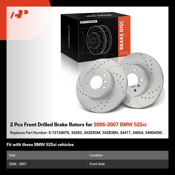2 Pcs Front Drilled Brake Rotors for 2006-2007 BMW 525xi