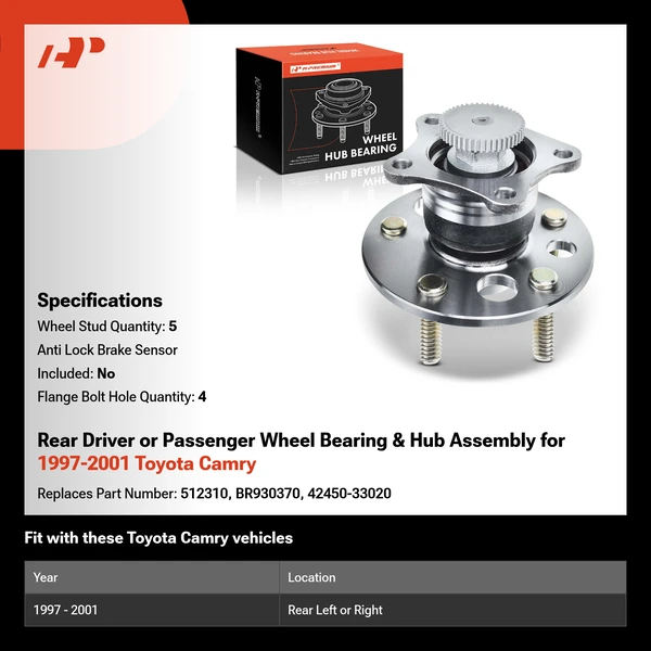 Rear Driver or Passenger Wheel Bearing & Hub Assembly for 1997-2001 Toyota Camry