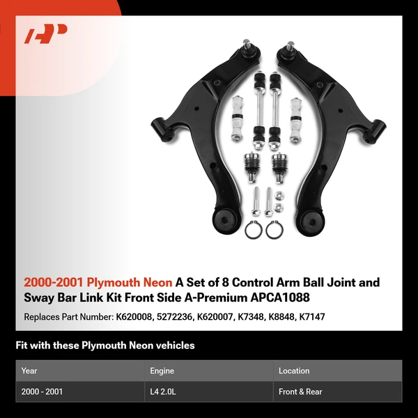 2000-2001 Plymouth Neon A Set of 8 Control Arm Ball Joint and Sway Bar Link Kit Front Side A-Premium APCA1088