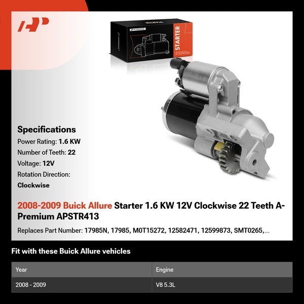 2008-2009 Buick Allure Starter 1.6 KW 12V Clockwise 22 Teeth A-Premium APSTR413