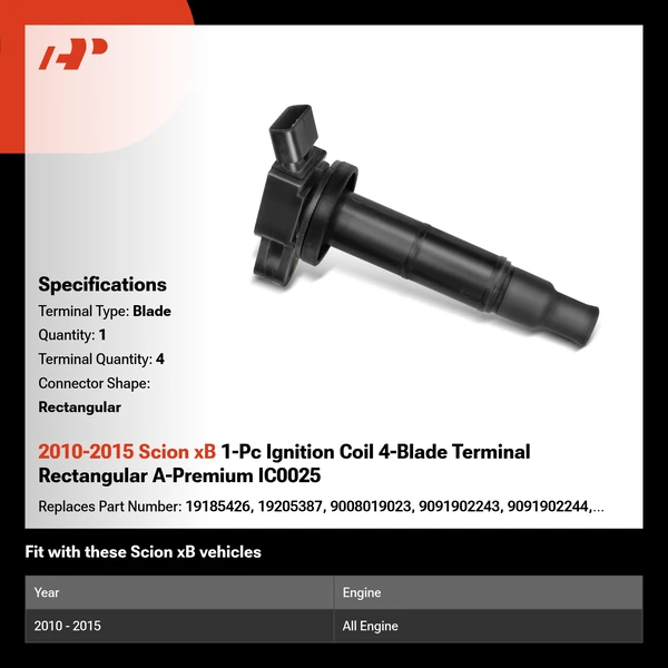 2010-2015 Scion xB 1-Pc Ignition Coil 4-Blade Terminal Rectangular A-Premium IC0025