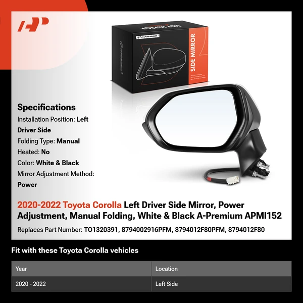 2020-2022 Toyota Corolla Left Driver Side Mirror, Power Adjustment, Manual Folding, White & Black A-Premium APMI152