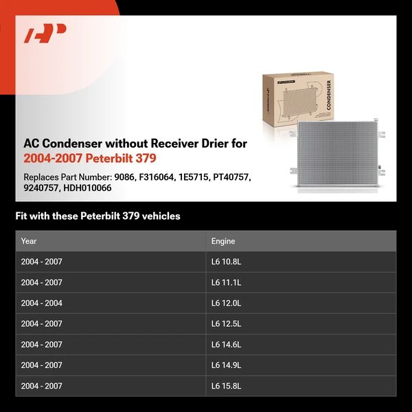 AC Condenser without Receiver Drier for 2004-2007 Peterbilt 379