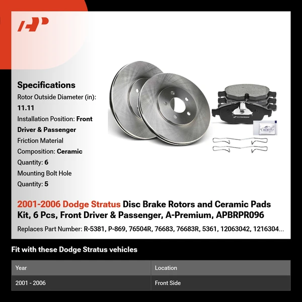 2001-2006 Dodge Stratus Disc Brake Rotors and Ceramic Pads Kit, 6 Pcs, Front Driver & Passenger, A-Premium, APBRPR096