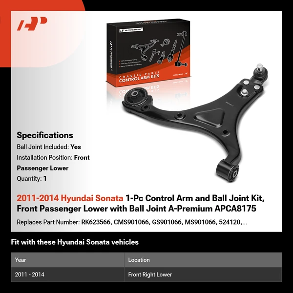 2011-2014 Hyundai Sonata 1-Pc Control Arm and Ball Joint Kit, Front Passenger Lower with Ball Joint A-Premium APCA8175