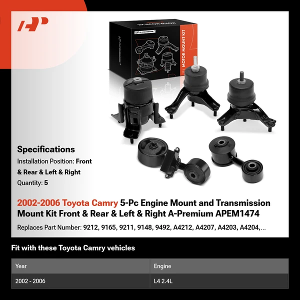 2002-2006 Toyota Camry 5-Pc Engine Mount and Transmission Mount Kit Front & Rear & Left & Right A-Premium APEM1474