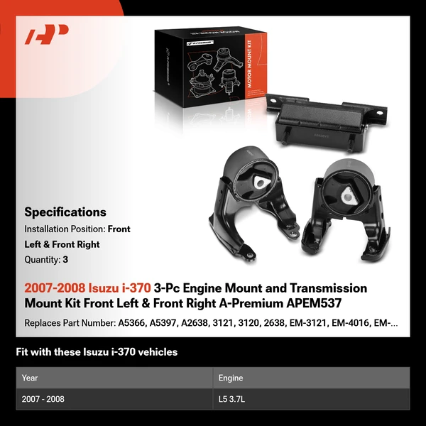 2007-2008 Isuzu i-370 3-Pc Engine Mount and Transmission Mount Kit Front Left & Front Right A-Premium APEM537