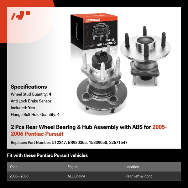 2 Pcs Rear Wheel Bearing & Hub Assembly with ABS for 2005-2006 Pontiac Pursuit