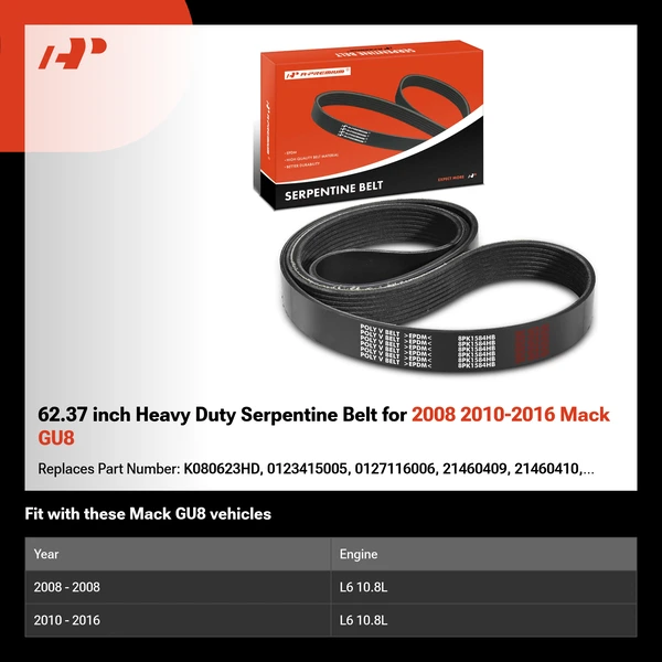 62.37 inch Heavy Duty Serpentine Belt for 2008 2010-2016 Mack GU8