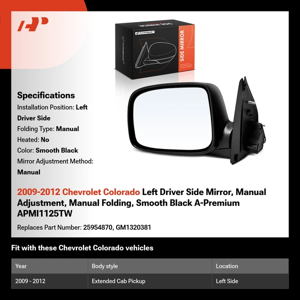 2009-2012 Chevrolet Colorado Left Driver Side Mirror, Manual Adjustment, Manual Folding, Smooth Black A-Premium APMI1125TW