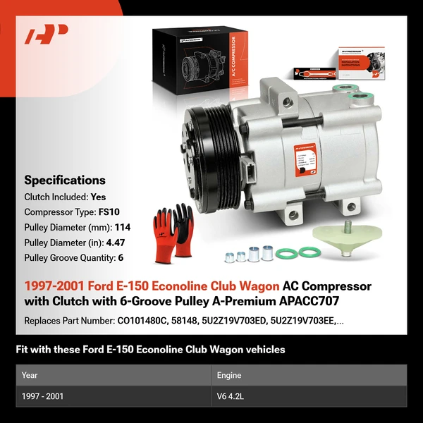 1997-2001 Ford E-150 Econoline Club Wagon AC Compressor with Clutch with 6-Groove Pulley A-Premium APACC707