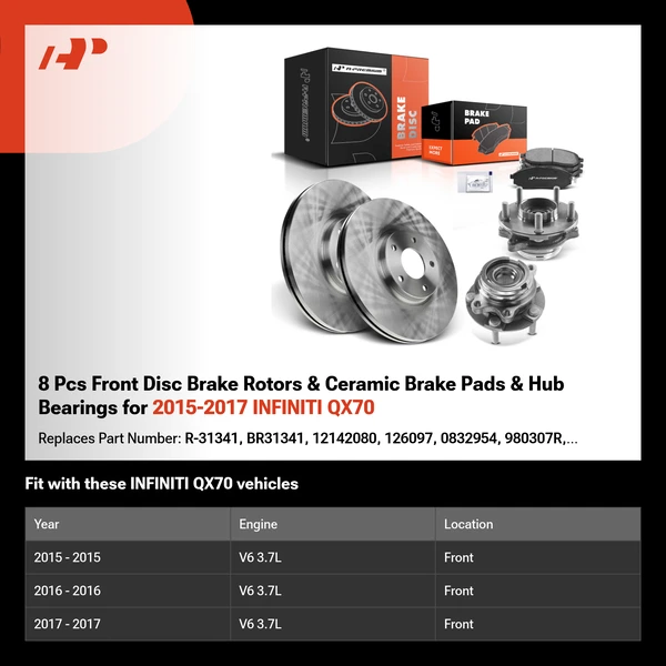 8 Pcs Front Disc Brake Rotors & Ceramic Brake Pads & Hub Bearings for 2015-2017 INFINITI QX70