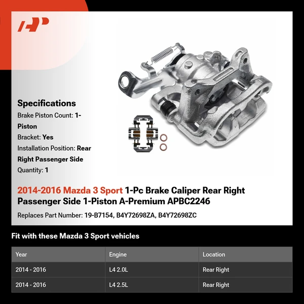 2014-2016 Mazda 3 Sport 1-Pc Brake Caliper Rear Right Passenger Side 1-Piston A-Premium APBC2246