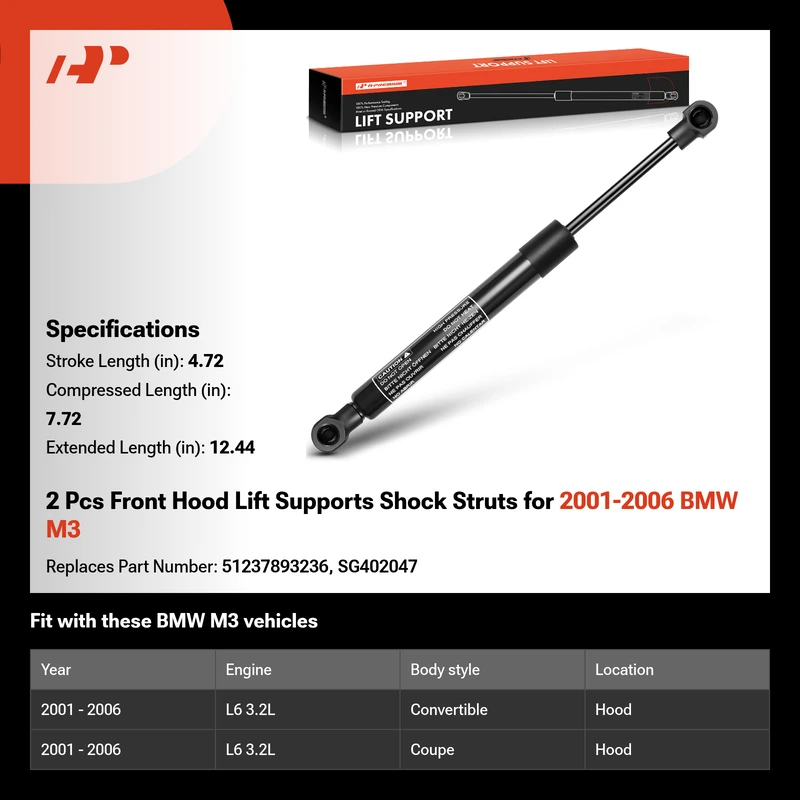 2 Pcs Front Hood Lift Supports Shock Struts for 2001-2006 BMW M3