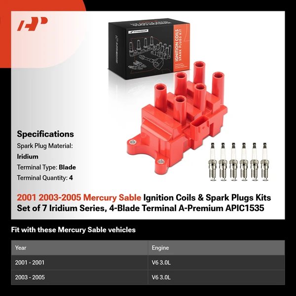 2001 2003-2005 Mercury Sable Ignition Coils & Spark Plugs Kits Set of 7 Iridium Series, 4-Blade Terminal A-Premium APIC1535