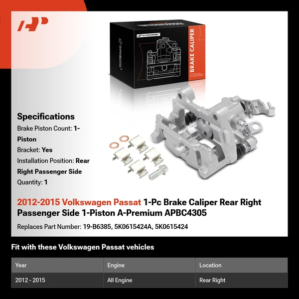 2012-2015 Volkswagen Passat 1-Pc Brake Caliper Rear Right Passenger Side 1-Piston A-Premium APBC4305