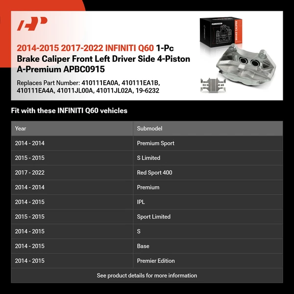2014-2015 2017-2022 INFINITI Q60 1-Pc Brake Caliper Front Left Driver Side 4-Piston A-Premium APBC0915