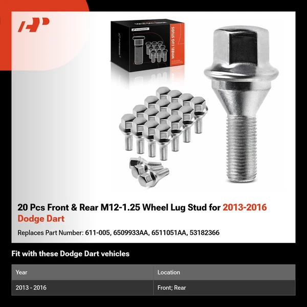 20 Pcs Front & Rear M12-1.25 Wheel Lug Stud for 2013-2016 Dodge Dart