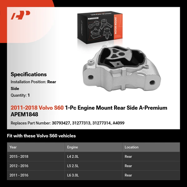 2011-2018 Volvo S60 1-Pc Engine Mount Rear A-Premium APEM1848