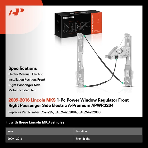 2009-2016 Lincoln MKS 1-Pc Power Window Regulator Front Right Passenger Side Electric A-Premium APWR3204