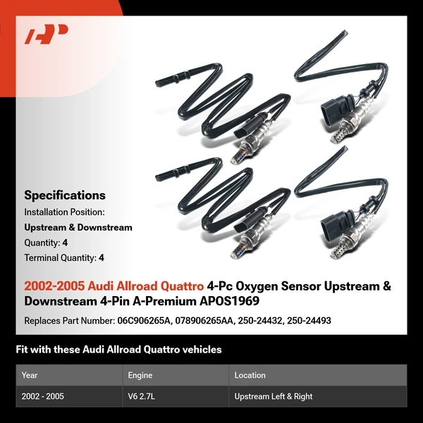 2002-2005 Audi Allroad Quattro 4-Pc Oxygen Sensor Upstream & Downstream 4-Pin A-Premium APOS1969