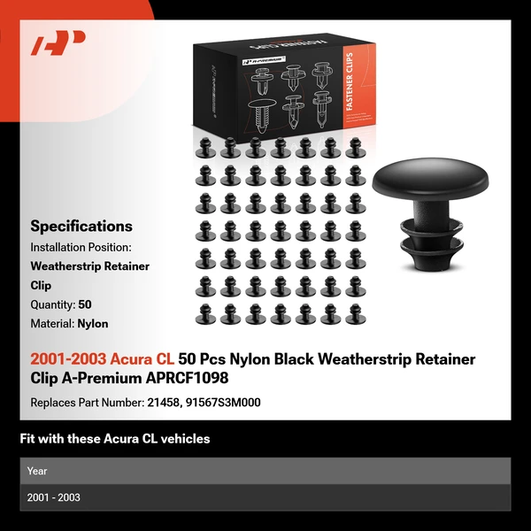 2001-2003 Acura CL 50 Pcs Nylon Black Weatherstrip Retainer Clip A-Premium APRCF1098