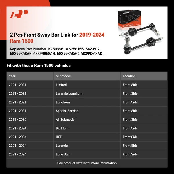2 Pcs Front Sway Bar Link for 2019-2024 Ram 1500