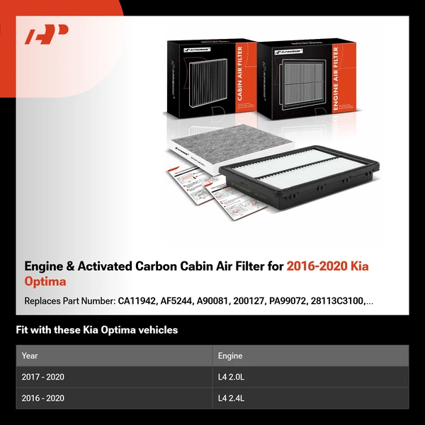 Engine & Activated Carbon Cabin Air Filter for 2016-2020 Kia Optima
