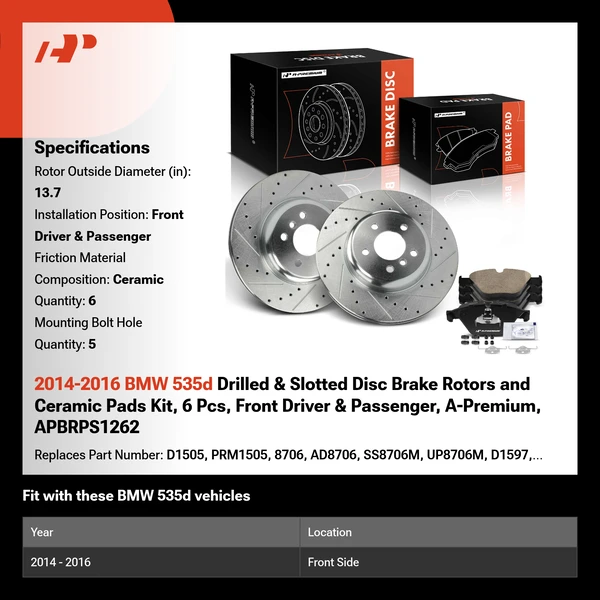 2014-2016 BMW 535d Drilled & Slotted Disc Brake Rotors and Ceramic Pads Kit, 6 Pcs, Front Driver & Passenger, A-Premium, APBRPS1262