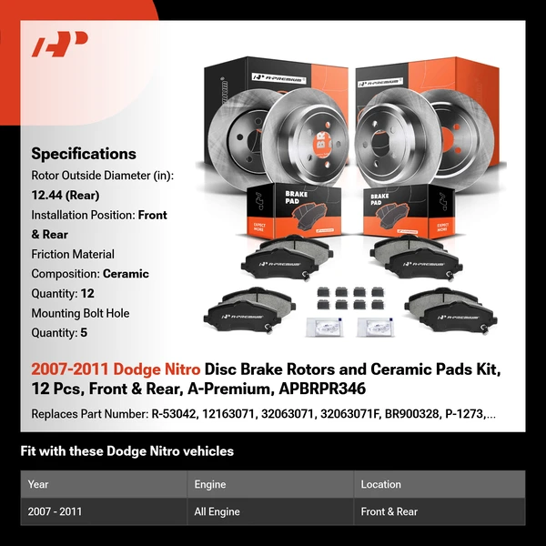 2007-2011 Dodge Nitro Disc Brake Rotors and Ceramic Pads Kit, 12 Pcs, Front & Rear, A-Premium, APBRPR346