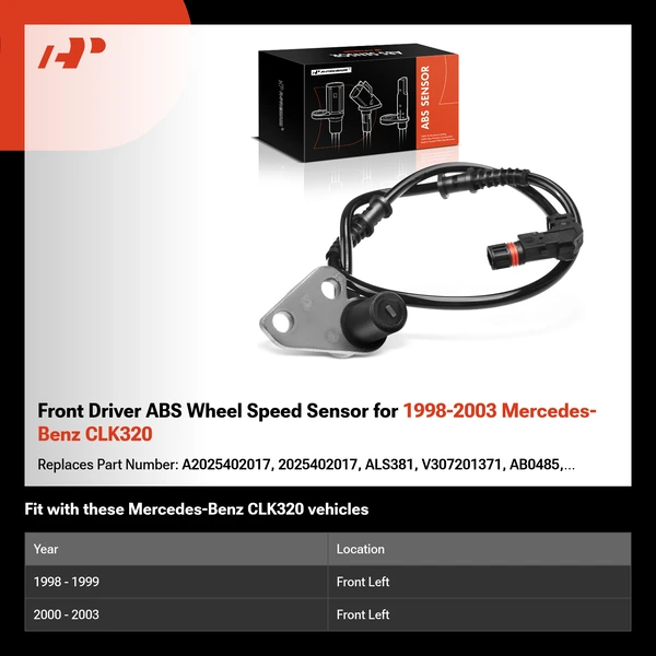 Front Driver ABS Wheel Speed Sensor for 1998-2003 Mercedes-Benz CLK320
