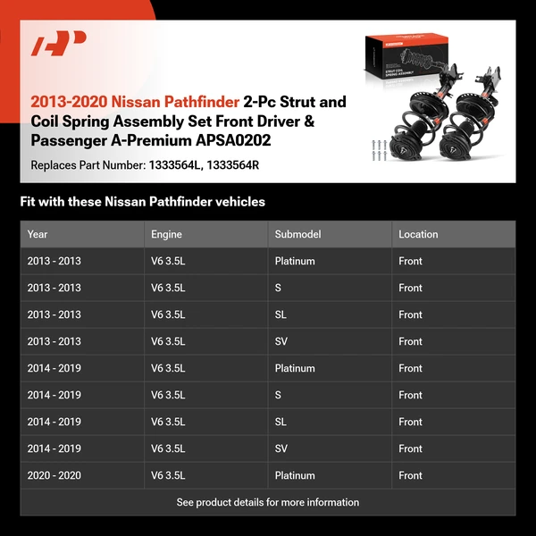 2013-2020 Nissan Pathfinder 2-Pc Strut and Coil Spring Assembly Set Front Driver & Passenger A-Premium APSA0202