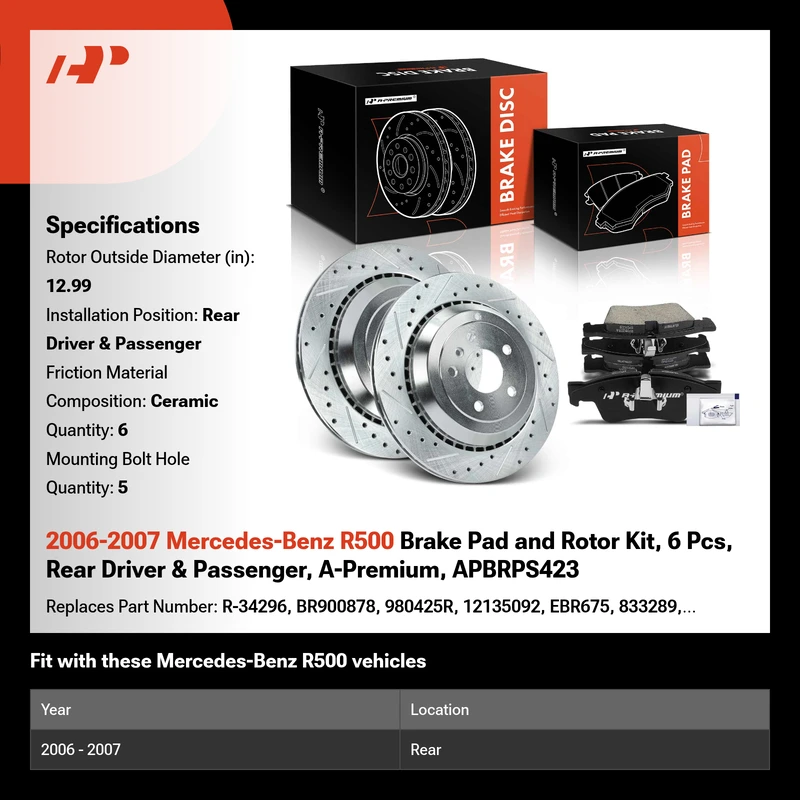 2006-2007 Mercedes-Benz R500 Brake Pad and Rotor Kit, 6 Pcs, Rear Driver & Passenger, A-Premium, APBRPS423