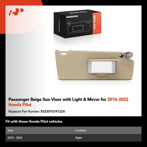 Passenger Beige Sun Visor with Light & Mirror for 2016-2022 Honda Pilot