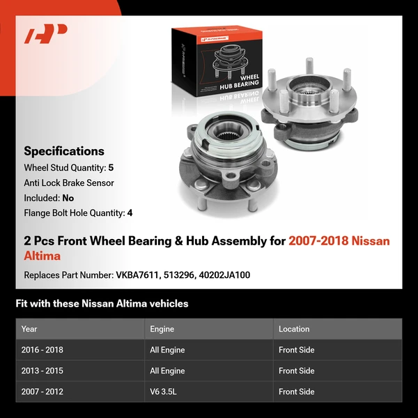 2 Pcs Front Wheel Bearing & Hub Assembly for 2007-2018 Nissan Altima