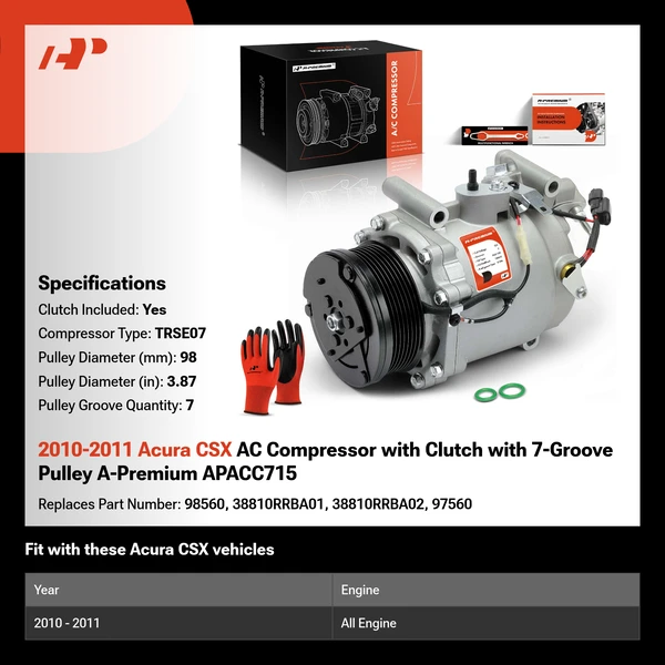 2010-2011 Acura CSX AC Compressor with Clutch with 7-Groove Pulley A-Premium APACC715