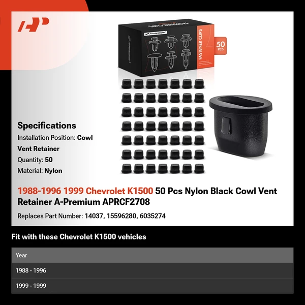 1988-1996 1999 Chevrolet K1500 50 Pcs Nylon Black Cowl Vent Retainer A-Premium APRCF2708