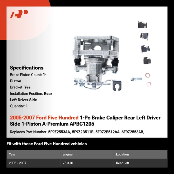 2005-2007 Ford Five Hundred 1-Pc Brake Caliper Rear Left Driver Side 1-Piston A-Premium APBC1205