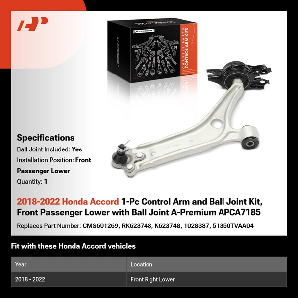 2018-2022 Honda Accord 1-Pc Control Arm and Ball Joint Kit, Front Passenger Lower with Ball Joint A-Premium APCA7185