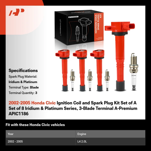 2002-2005 Honda Civic Ignition Coil and Spark Plug Kit Set of A Set of 8 Iridium & Platinum Series, 3-Blade Terminal A-Premium APIC1186