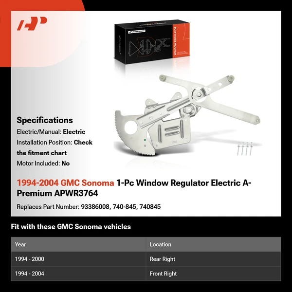 1994-2004 GMC Sonoma 1-Pc Window Regulator Electric A-Premium APWR3764