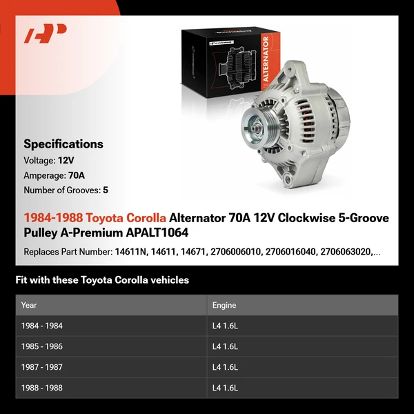 1984-1988 Toyota Corolla Alternator 70A 12V Clockwise 5-Groove Pulley A-Premium APALT1064