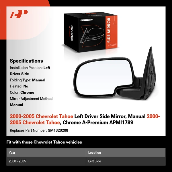 2000-2005 Chevrolet Tahoe Left Driver Side Mirror, Manual 2000-2005 Chevrolet Tahoe, Chrome A-Premium APMI1789