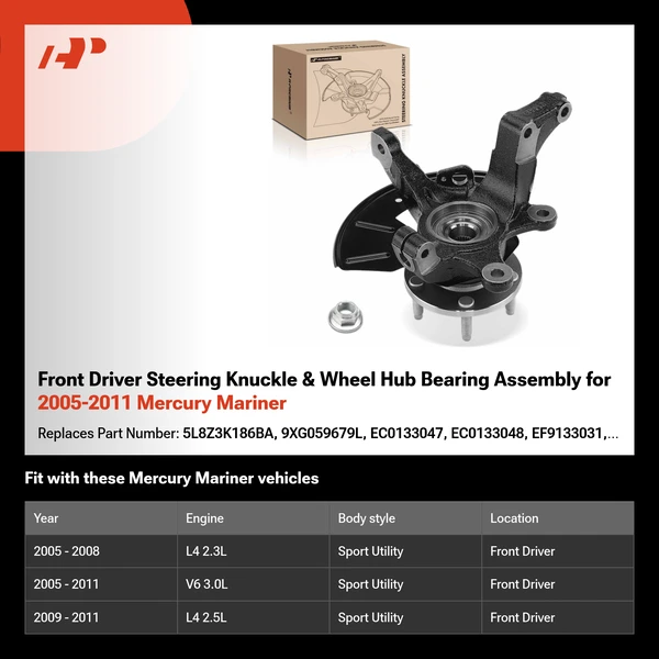 Front Driver Steering Knuckle & Wheel Hub Bearing Assembly for 2005-2011 Mercury Mariner