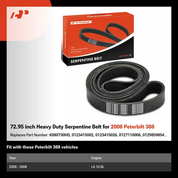 72.95 inch Heavy Duty Serpentine Belt for 2008 Peterbilt 388