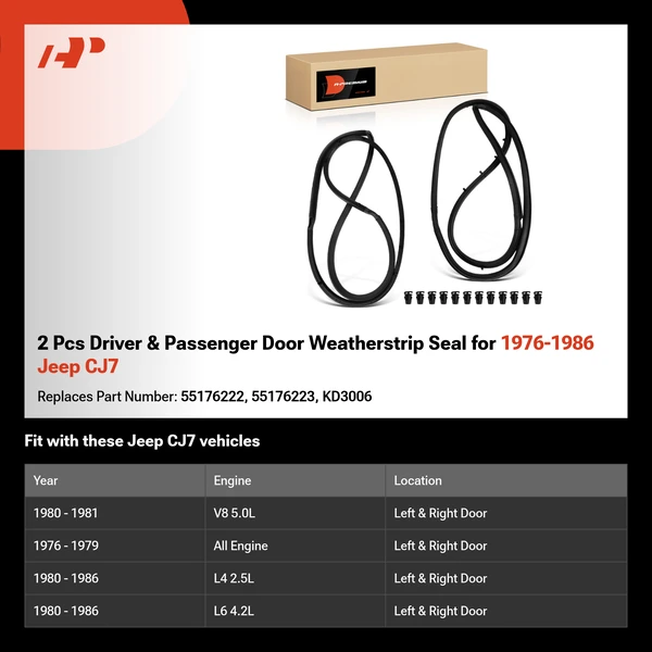 2 Pcs Driver & Passenger Door Weatherstrip Seal for 1976-1986 Jeep CJ7