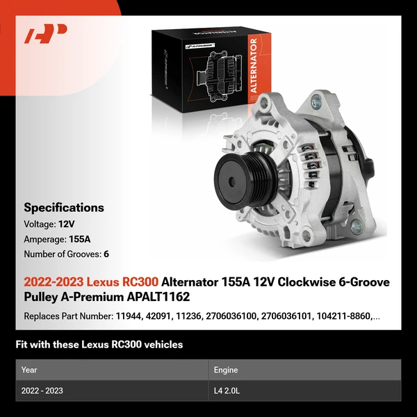 2022-2023 Lexus RC300 Alternator 155A 12V Clockwise 6-Groove Pulley A-Premium APALT1162