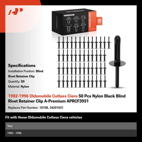1982-1996 Oldsmobile Cutlass Ciera 50 Pcs Nylon Black Blind Rivet Retainer Clip A-Premium APRCF3931
